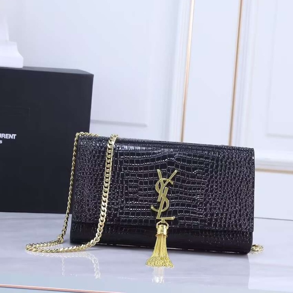 Saint Laurent Black Croc-Embossed Tassel Chain Wallet